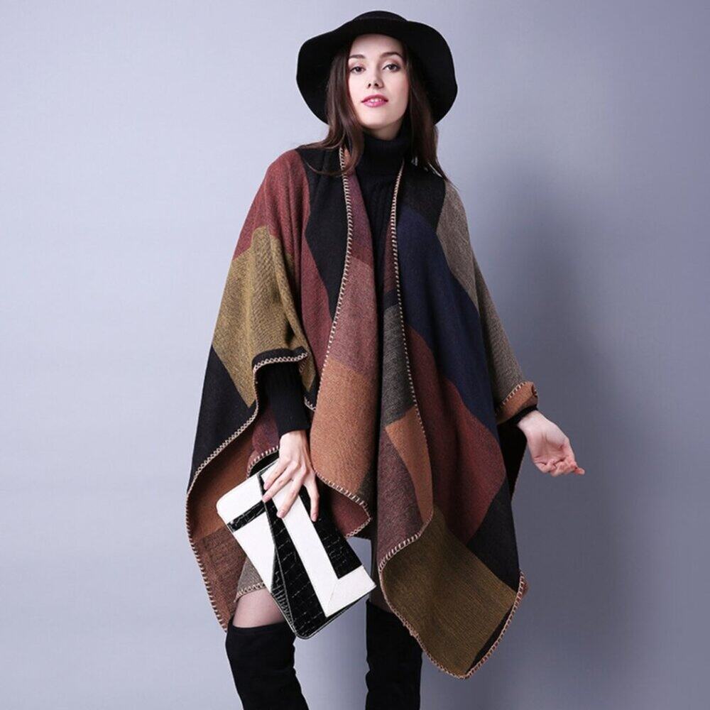 2/$30 NEW Boho Colorblock Earth Tones Ruana Oversized Open Wrap Poncho Blanket - Picture 7 of 11